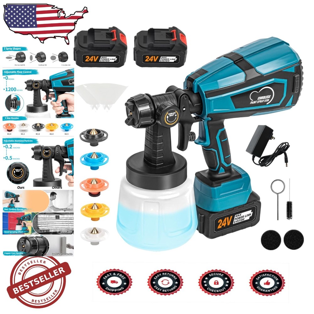 Cordless HVLP Paint Sprayer with 6 Nozzles & 3 Spray Patterns for DIY Projects