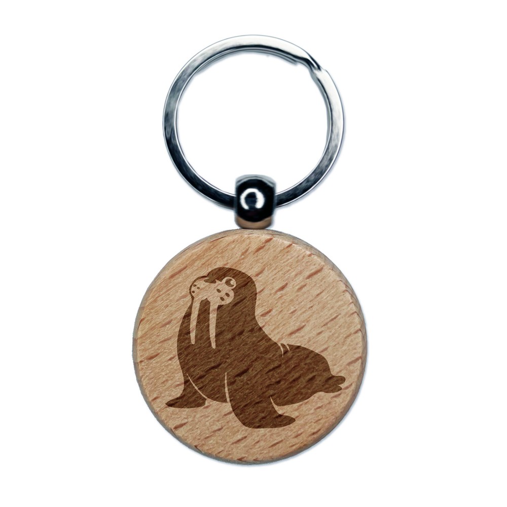 Wobbly Walrus Engraved Wood Round Keychain Tag Charm