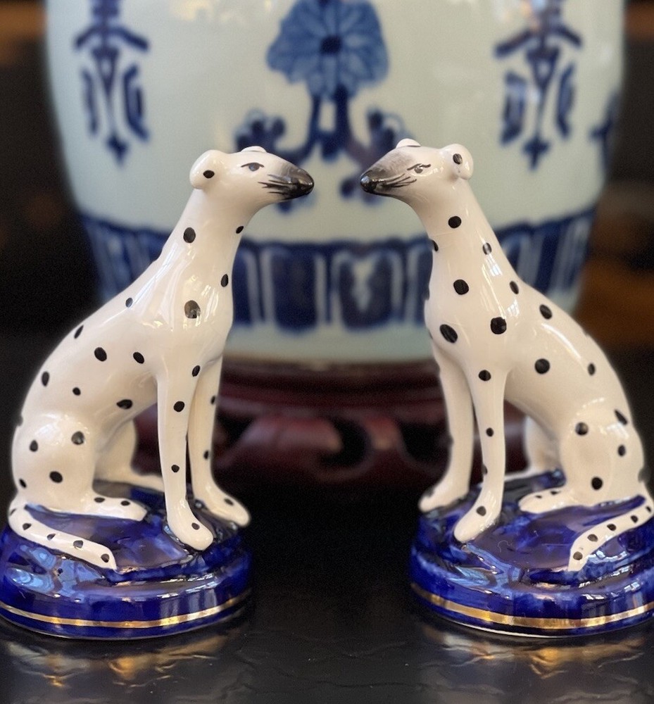 Stunning Rare Antique English Staffordshire Dalmatian Hunt Mantle Dog Pair 4”