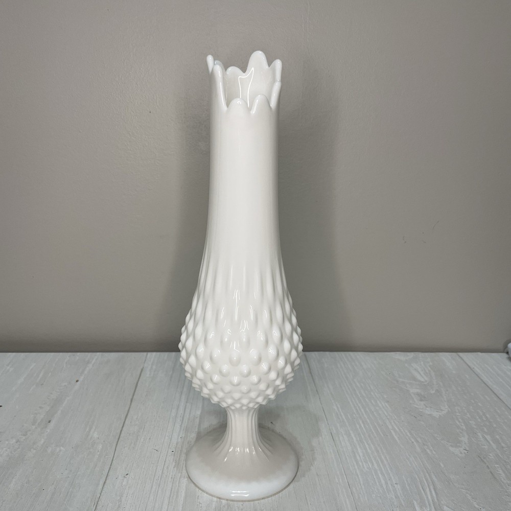 Vintage White Milk Glass Hobnail Swung Vase 12” Tall PERFECT condition