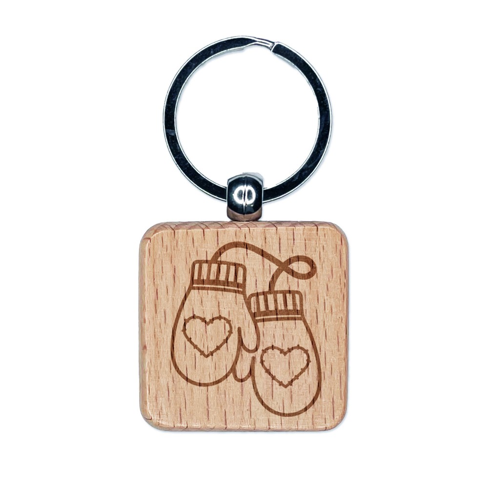 Cozy Mittens with Hearts Winter Engraved Wood Square Keychain Tag Charm