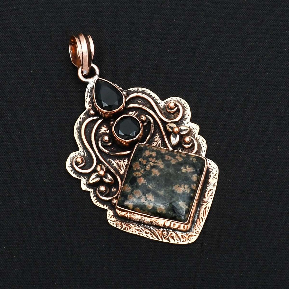 Spider Web Jasper Black Onyx Gemstone Pure Copper Pendant Jewelry 2.6