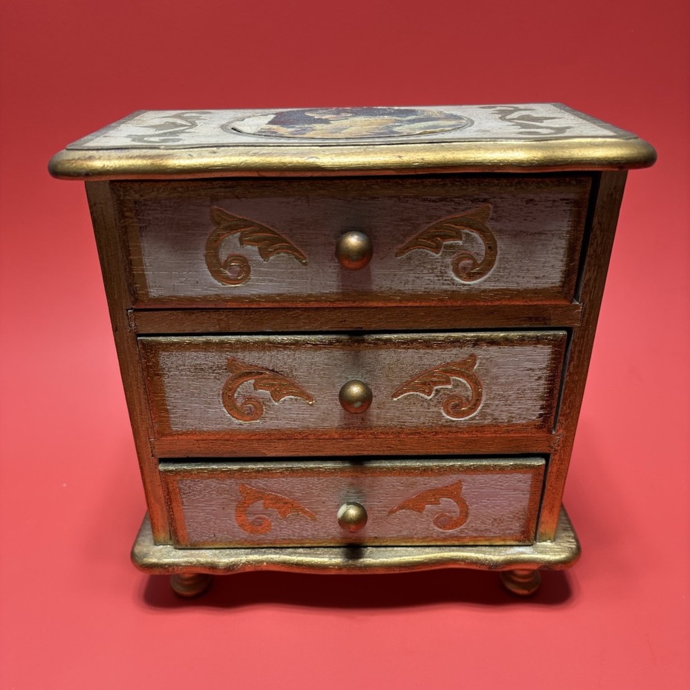 Rare Vintage Wooden Florentine Music Box Jewelry Box Dresser 3 Drawers