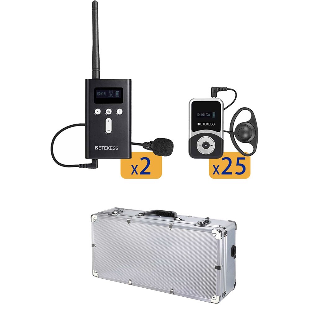 Retekess Wireless Tour Guide System 2 Transmitter 25 Receivers Carry Case Church