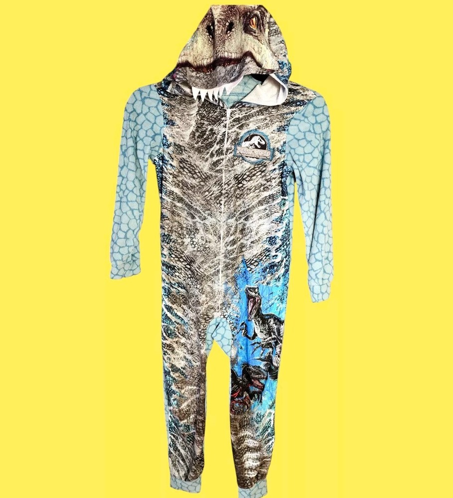 Jurassic World Dinosaur 1-Piece Fleece Footless Hooded Pajamas Size Small T-Rex