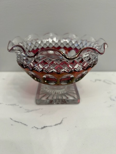 Westmoreland Red Cranberry Ruby Flash Ruffled Compote Thumbprint Bowl