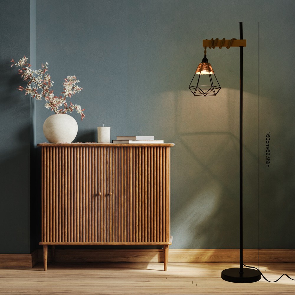 Floor Lamp Standing Reading Light Rattan Lampshade Height Adjustable+Foot Switch