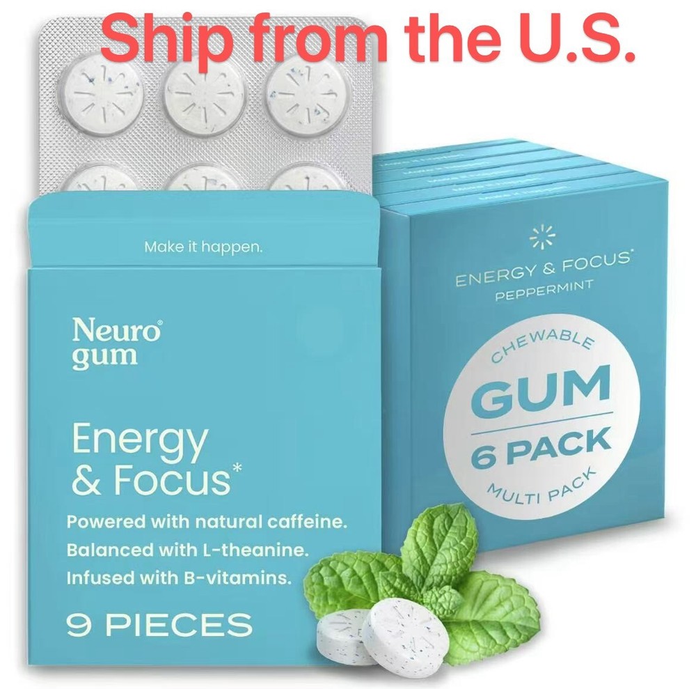 NeuroGum Energy and Focus Gum Mint Sugar Free Caffeine Boost 9pc/pack 6Packs54pc