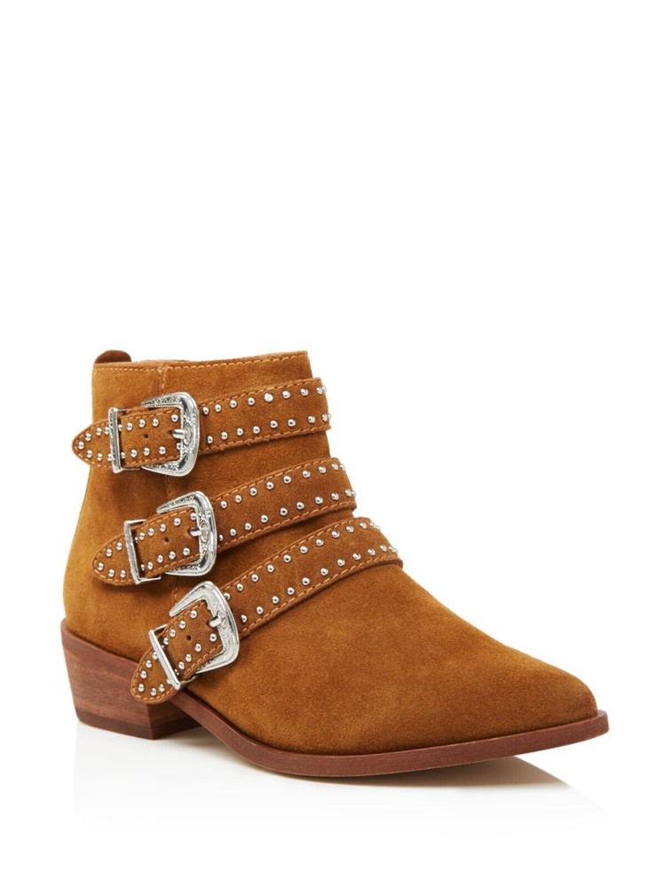 AQUA Womens Brown Studded Blane Almond Toe Block Heel Leather Booties 7.5 M
