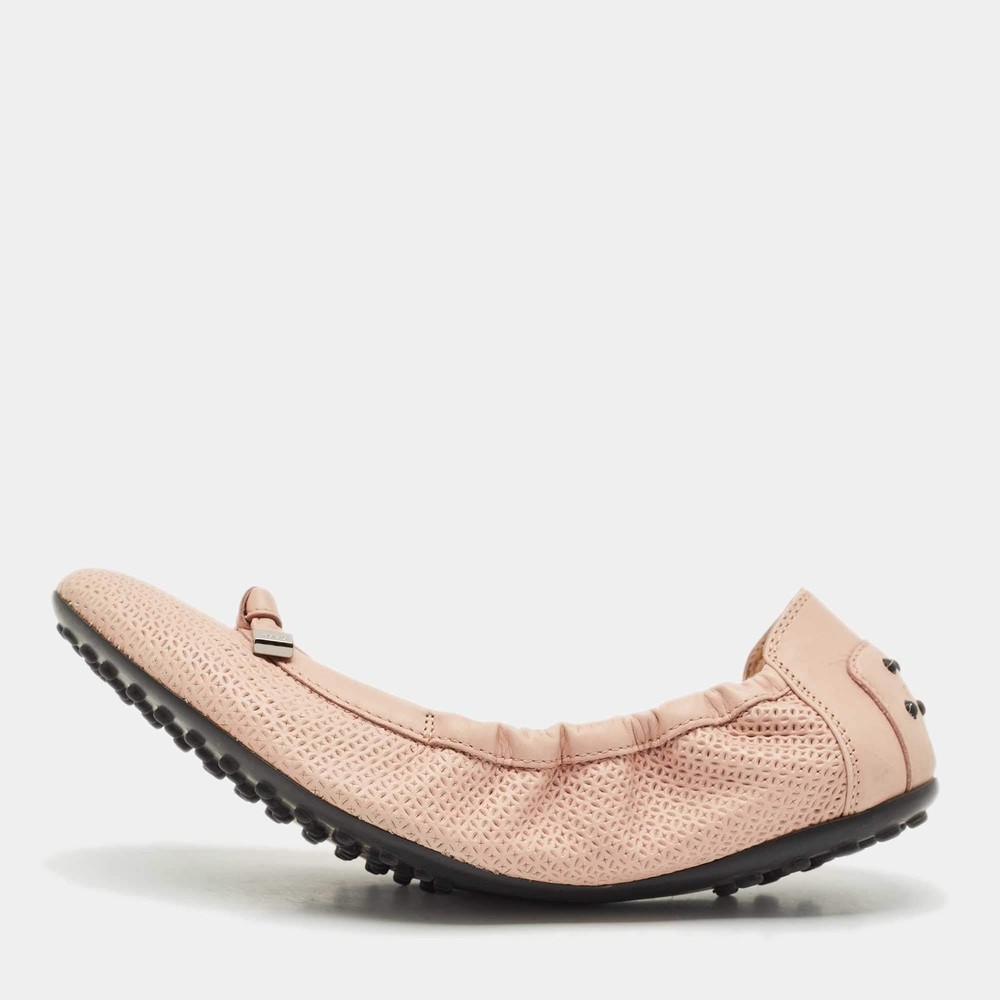 Tods Light Pink Leather Bow Scrunch Ballet Flats Size 39
