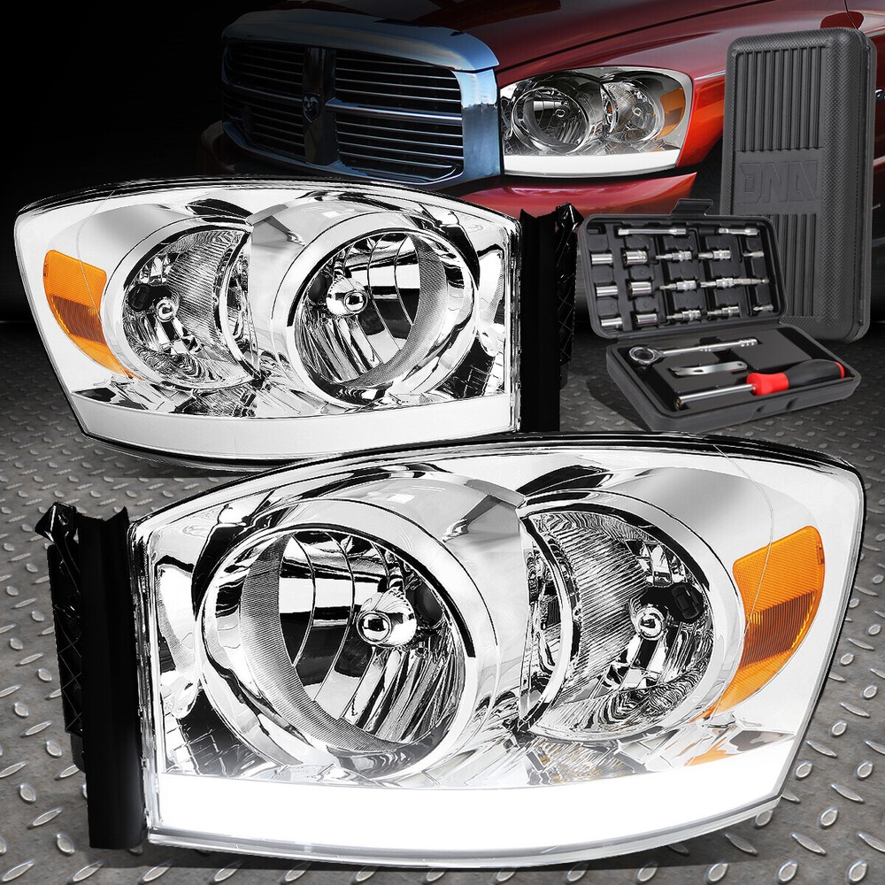 FOR 06-09 DODGE RAM CHROME HOUSING AMBER CORNER LED DRL HEADLIGHT LAMPS+TOOL SET