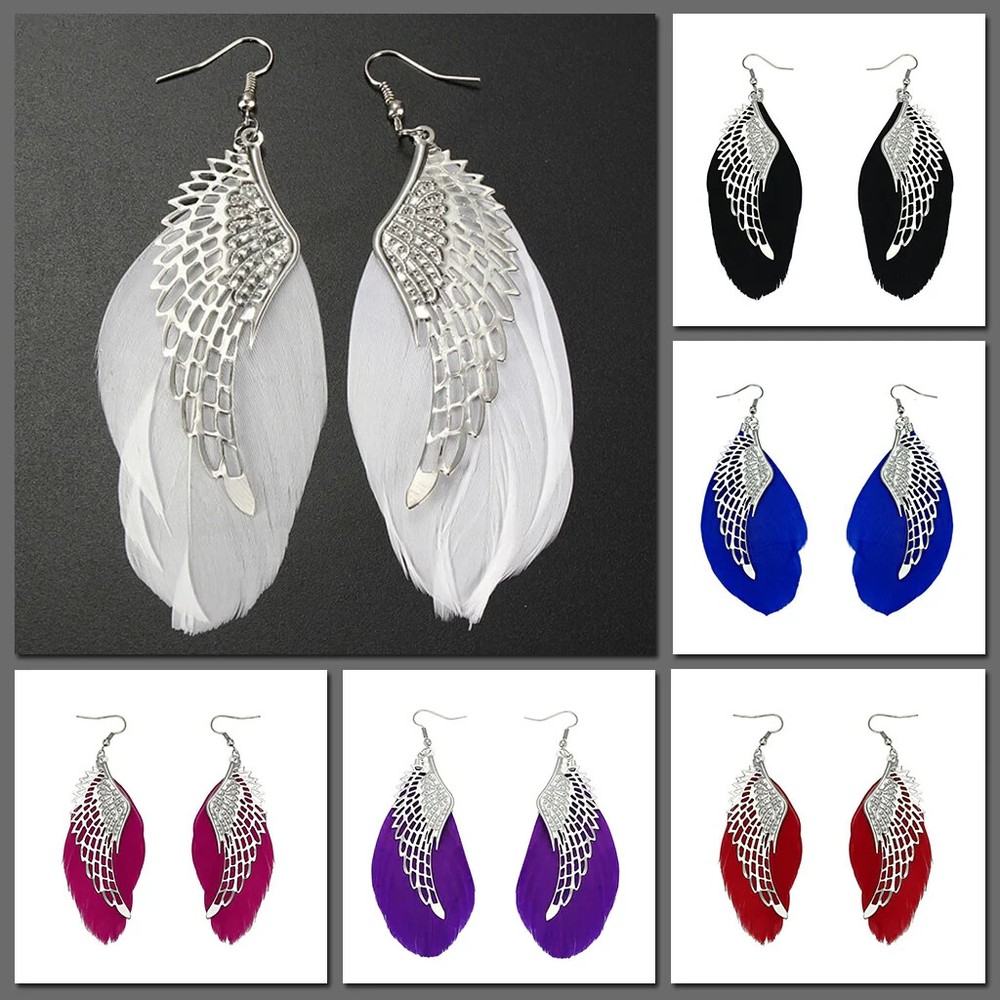 Blue Feather - Retro Ladies Women Angel Wings Earrings Ear Studs Alloy Jewelry