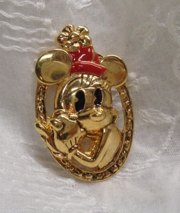 Vtg Estate Jewelry NAPIER MICKEY & CO Goldtone MINNIE MOUSE Red Enamel Hat Pin