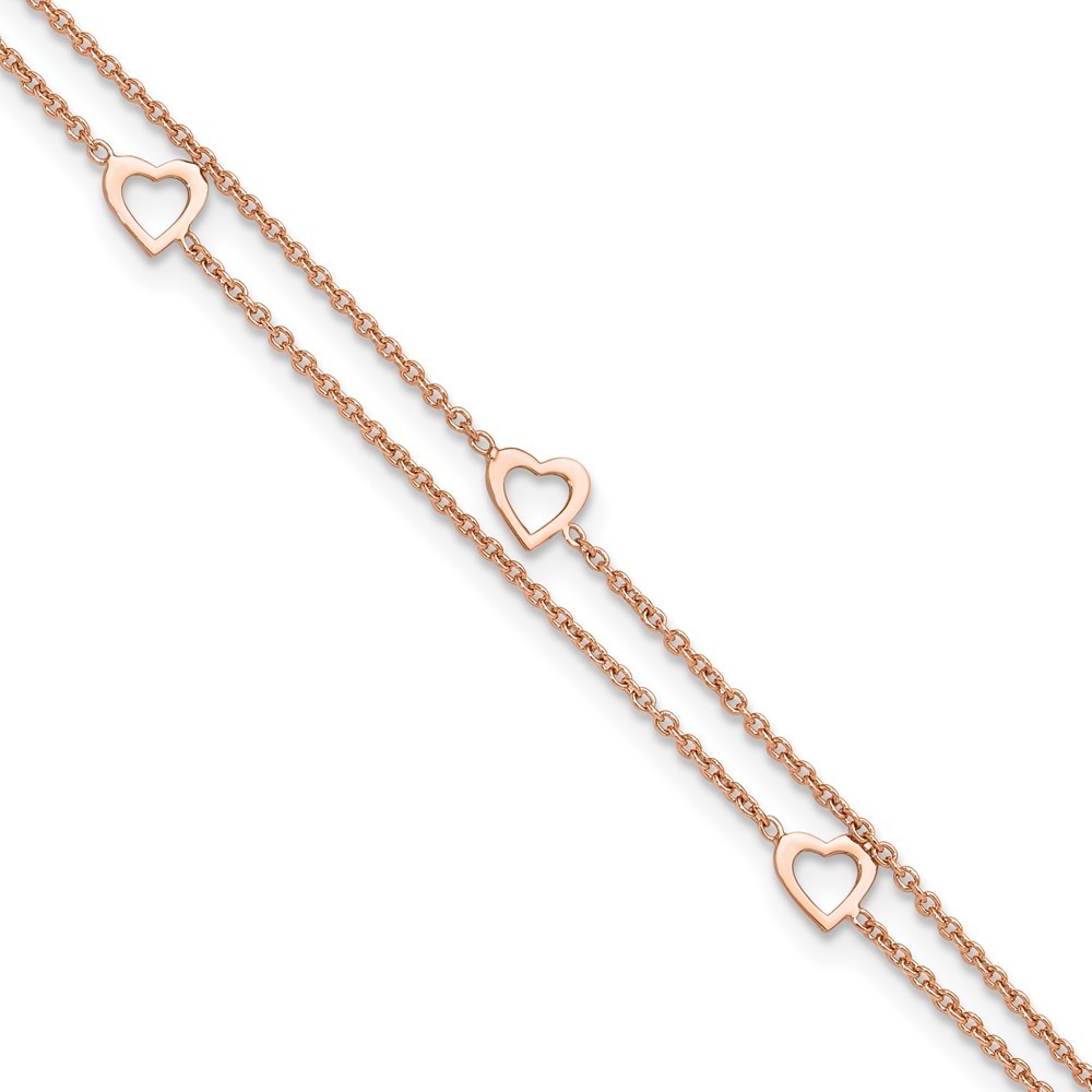 Sterling Silver Rose-tone Polished Heart Anklet 10