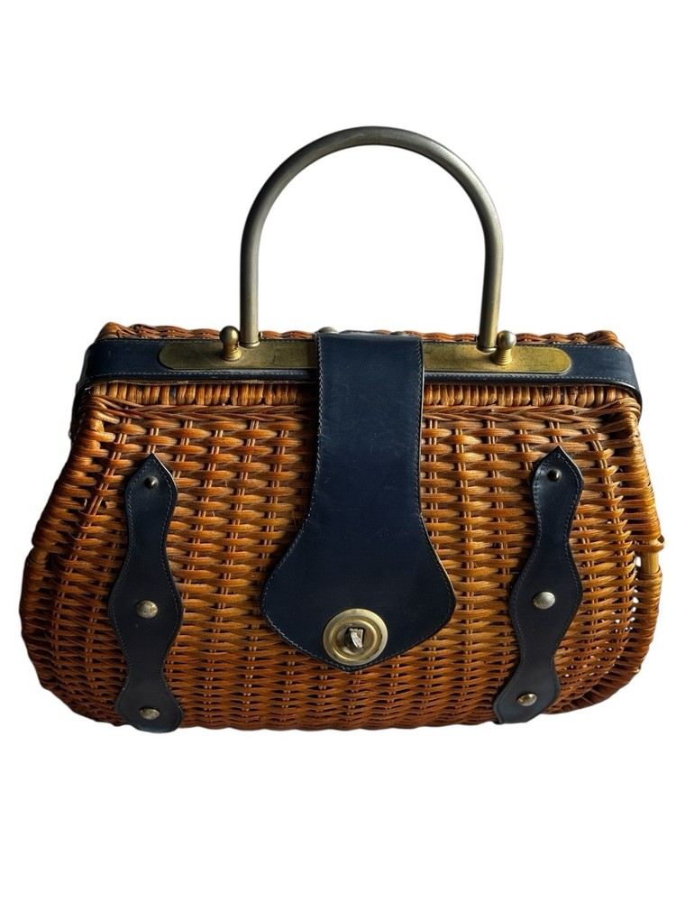 Vintage Wicker Basket Handbag Leather Trim Brass Handle 60’s Picnic Doctor Purse