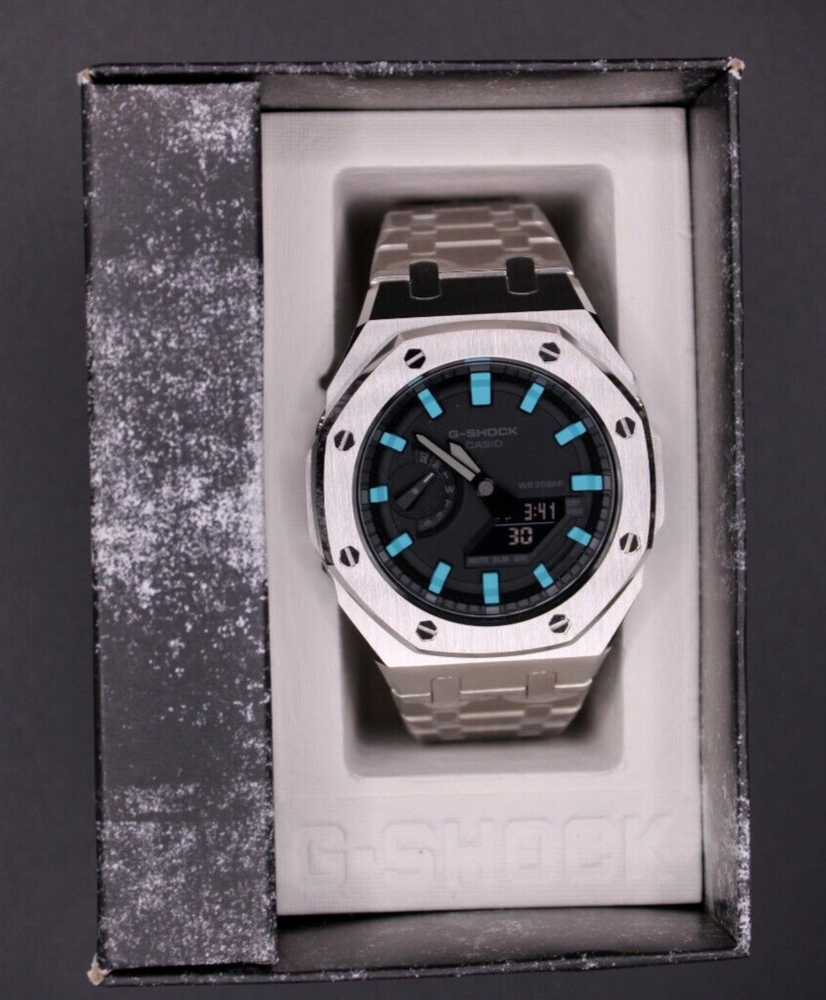 Custom silver Casioak Casio G shock Ga-2100 1a1 silver band tiffany blue watch