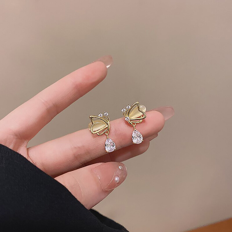 Butterfly Opal Stud Earrings with Water Drop Zircon Pendant for Women