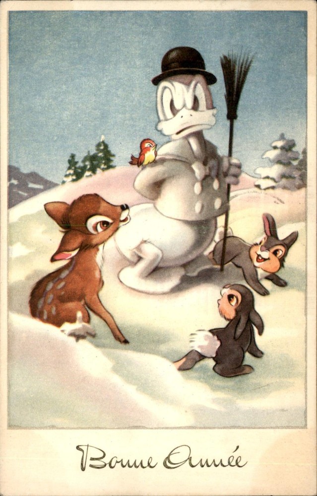 New Years Walt Disney Donald Duck Snowman Bambi Thumper Vintage Postcard-image