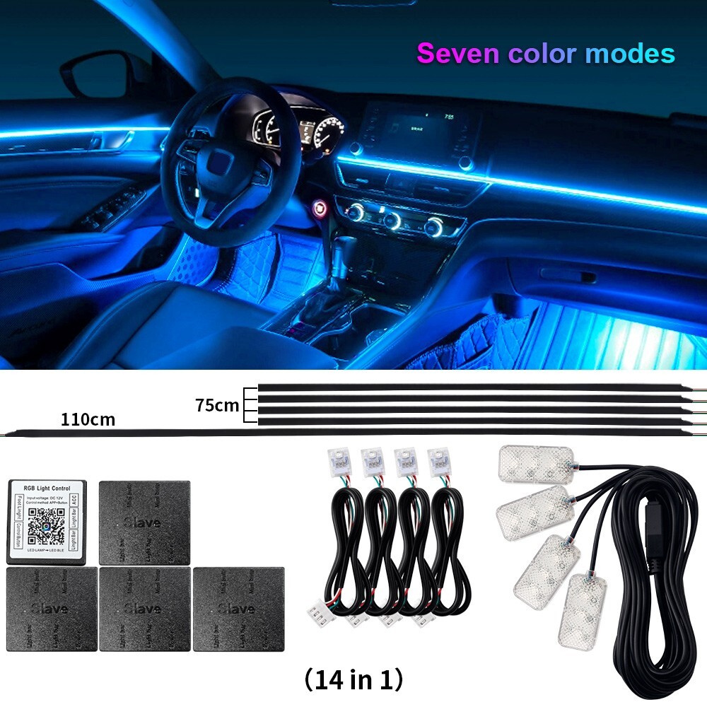 Car Atmosphere Interior RGB LED Acrylic Guide Fiber Optic Ambient Light 14 in 1