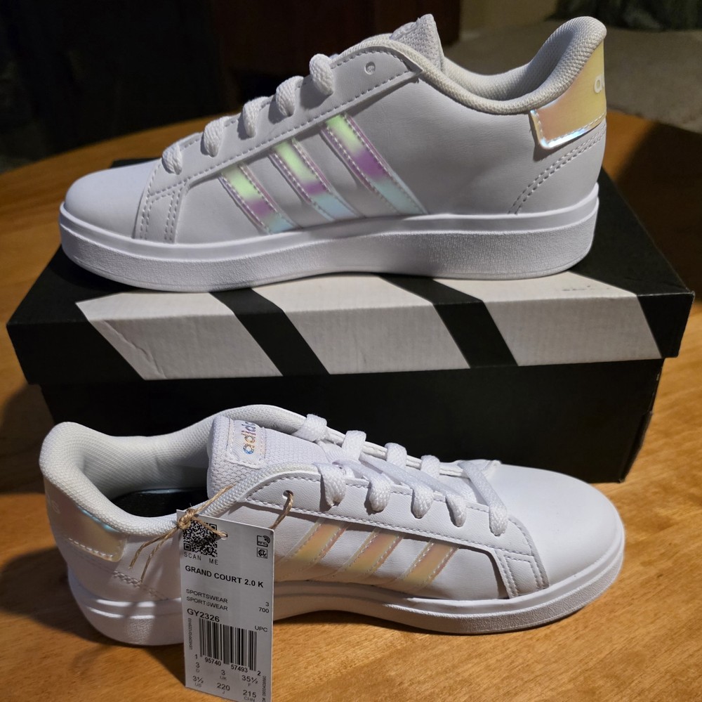 Size 3 1/2 (GS)-Adidas Grand Court 2 Low White W/Iridescent Stripes & Custom Hat