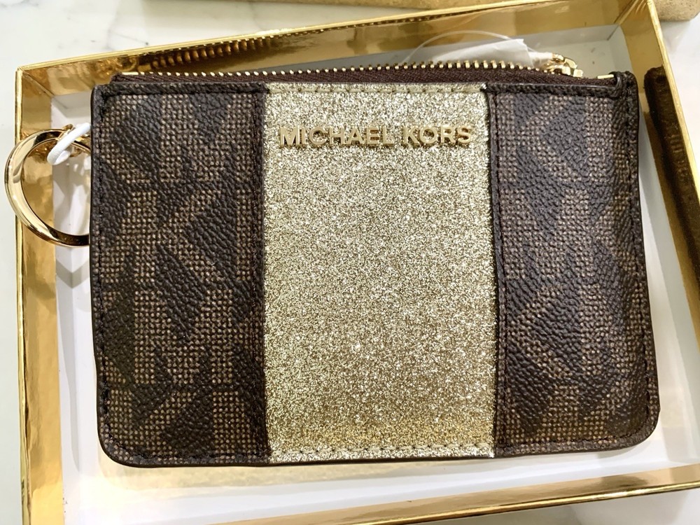 Michael Kors Metallic Stripe Wallet with ID Keychain Card Holder New