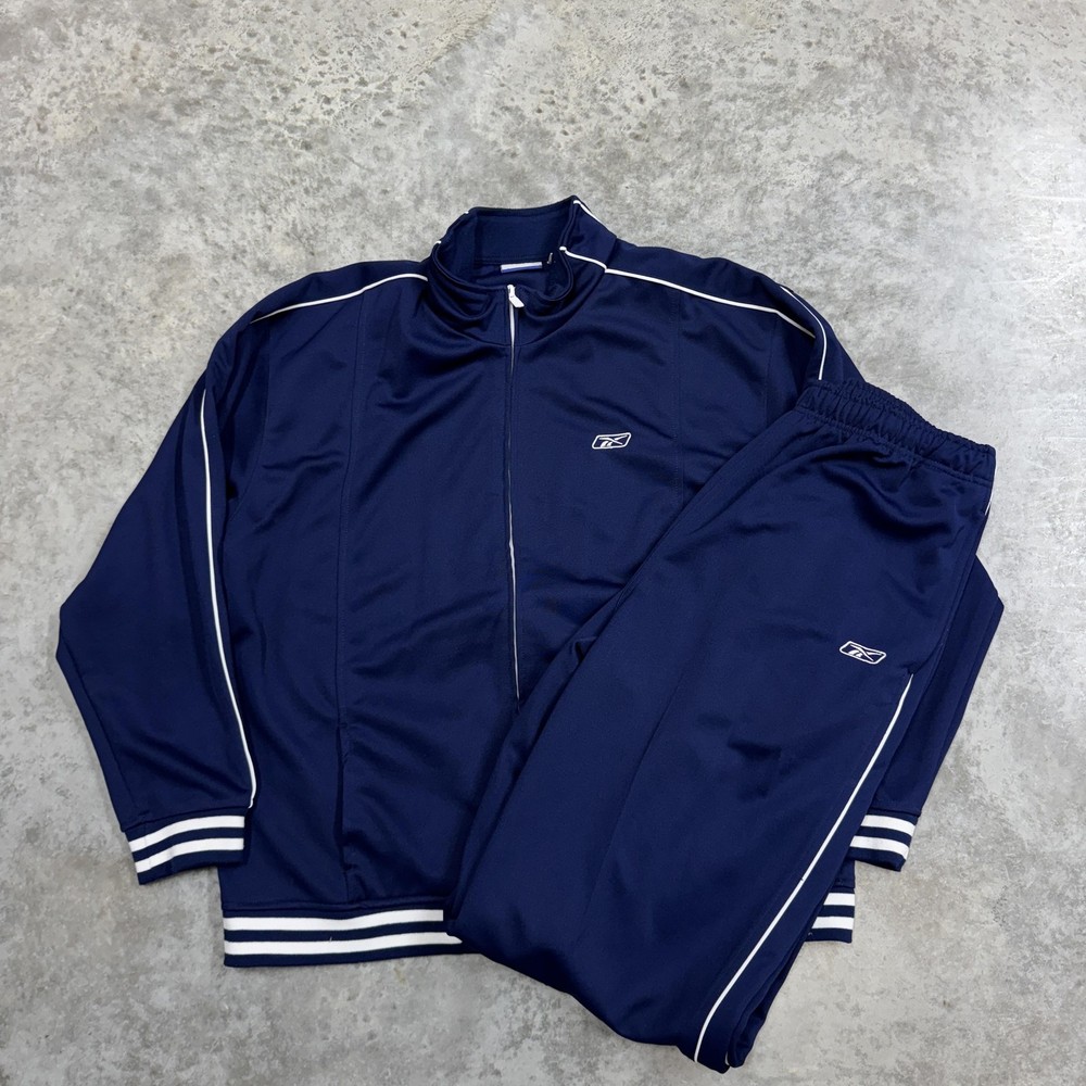 Reebok Track Suit Mens 2XL Navy Blue Warm Up Full Zip Sweatsuit 2 Piece Set