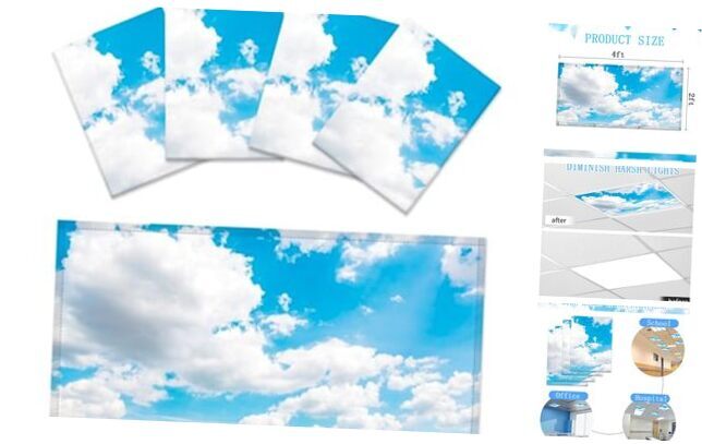 4 Pack Fluorescent Light Covers for Ceiling 4Pack Blue sky and white clouds（3）