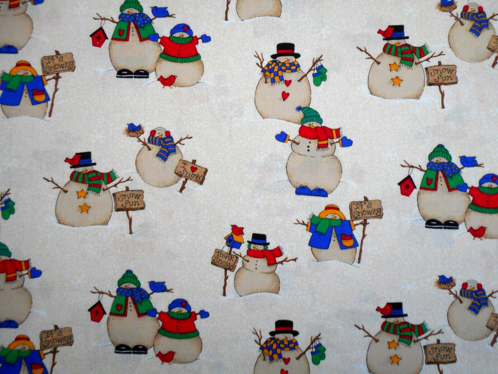 Vintage Christmas Fabric 3/4 Yard Snowmen Birdhouse Cream Cotton Holiday Craft #68
