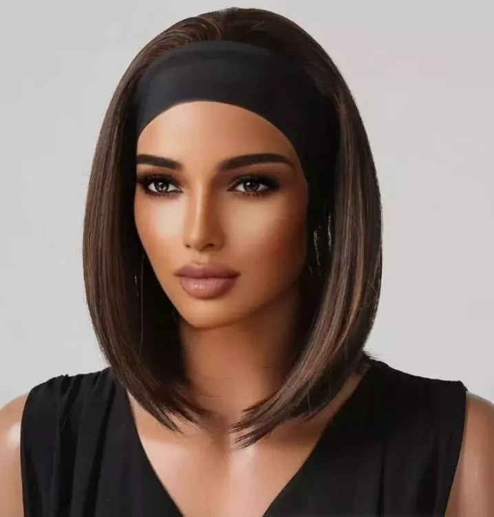 Brown Short Straight Synthetic Headband Wigs for Black Women Bob Hair Wigs