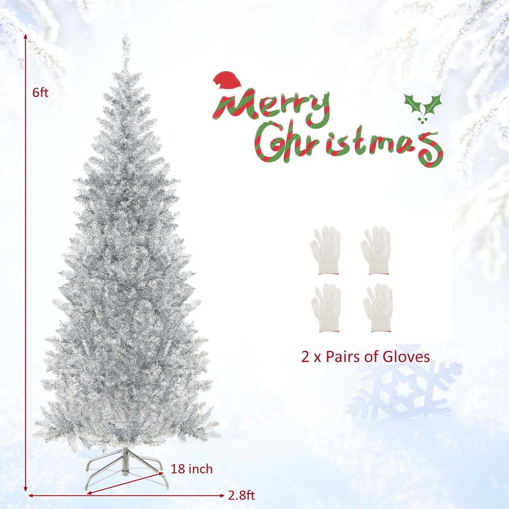 6-7FT Pre-Lit Silver Tinsel Christmas Tree with 300-400 LED Lights