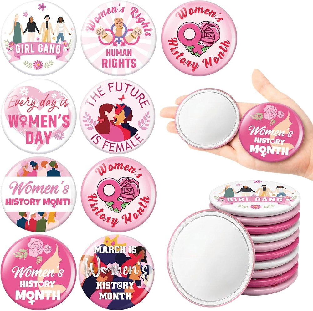 Vicenpal 48 Pcs Women's History Month Gifts Pink Compact Mirror Bulk Mini Pocket