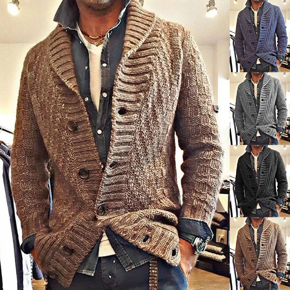 Mens Winter Warm Cardigan Sweater Cable Knit Button Cotton Sweater Pockets Tops