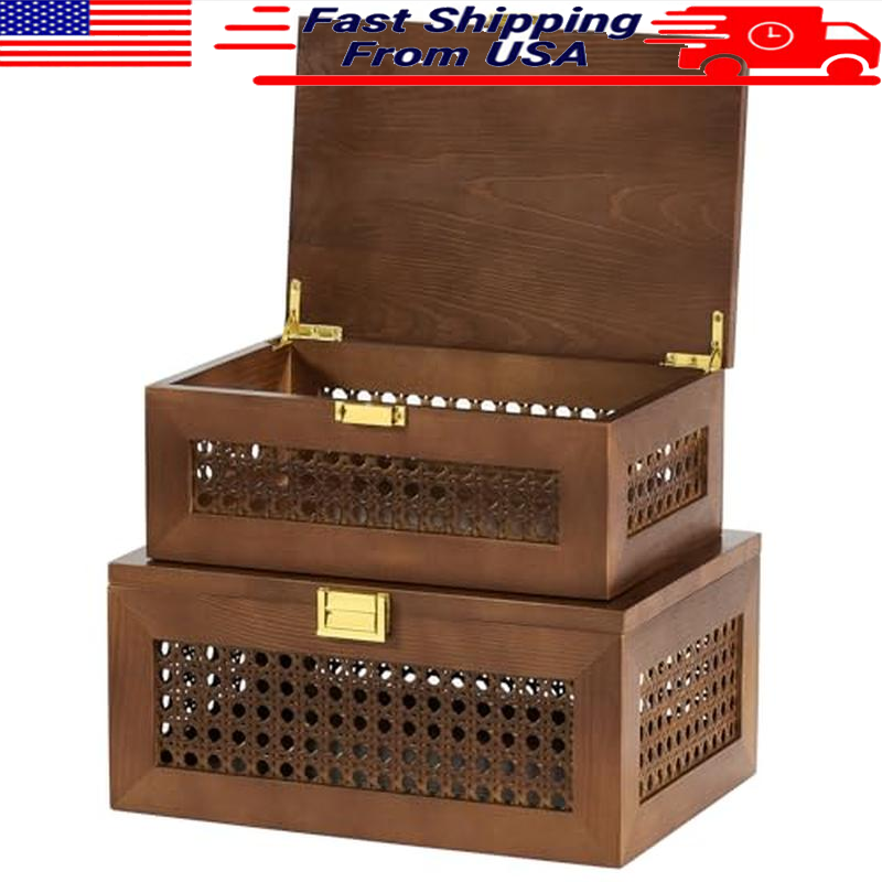 2PCS Rattan Storage Boxes with Lids for Jewelry and Keepsakes Organizer
