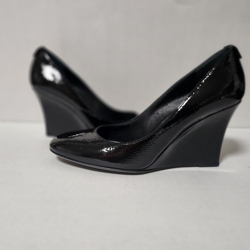 Gucci Black Patent Leather Venice GG Wedge Heels Size 39