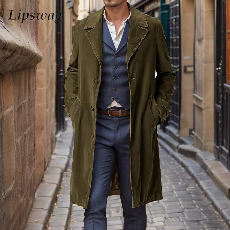 Streetwear Mens Windbreaker Trench Autumn Vintage Solid Color Corduroy Coats Men