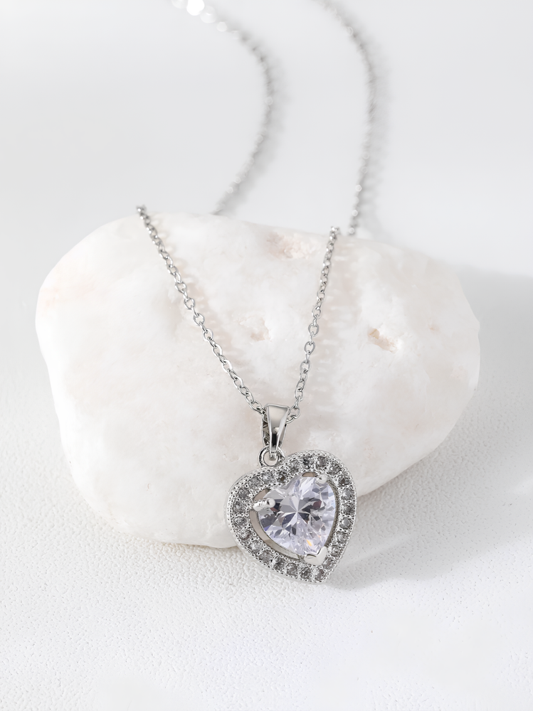 Silver Heart Pendant Necklace Women Daily Wedding Stainless Steel Chain Jewelry