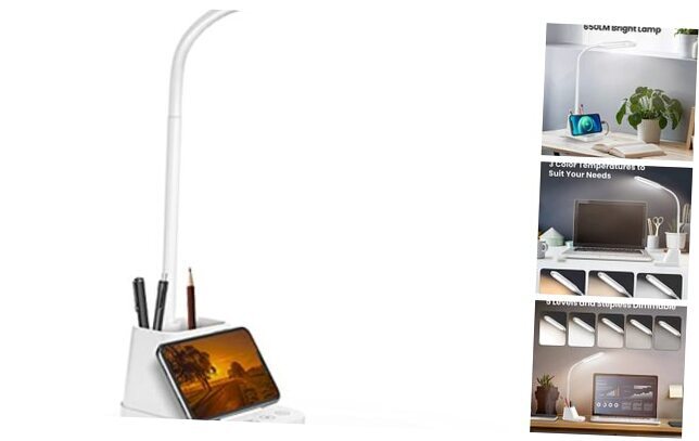 Gooseneck LED Desk Lamp for Kids with Adjustable Brightness - White Home Office Light  