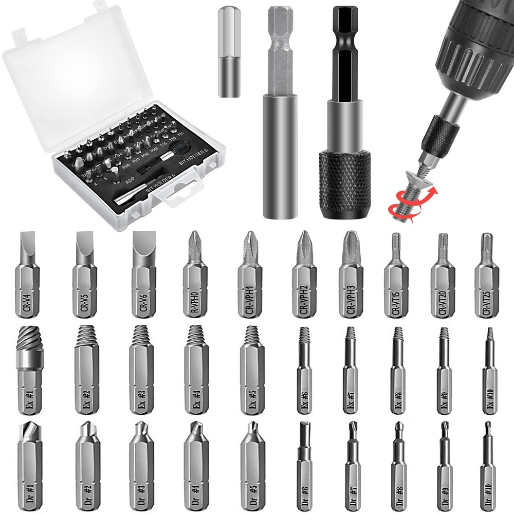 33pcs Damaged Screw Extractor Kit with Magnetic Bit Holder for Stubborn Stripped Screws