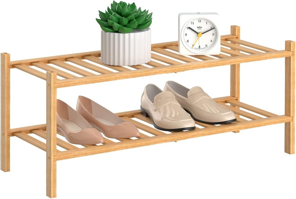 2-Tier Bamboo Shoe Rack for Closet Storage - Free Standing Wood Shelf Organizer
