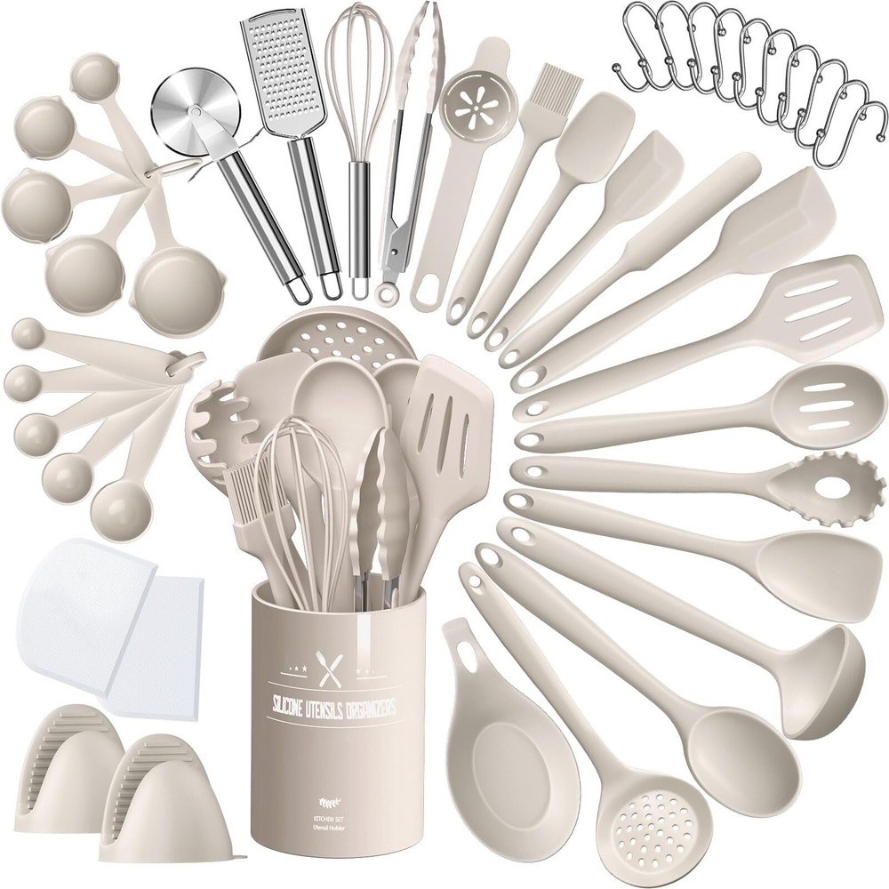 Silicone Kitchen cooking Utensils Set, 43 Pcs Heat Resistant Khaki Cooking Ut...