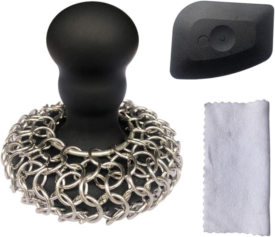 316 Upgraded Chainmail Scrubber with Silicone Handle Cast Iron Cleaner Black