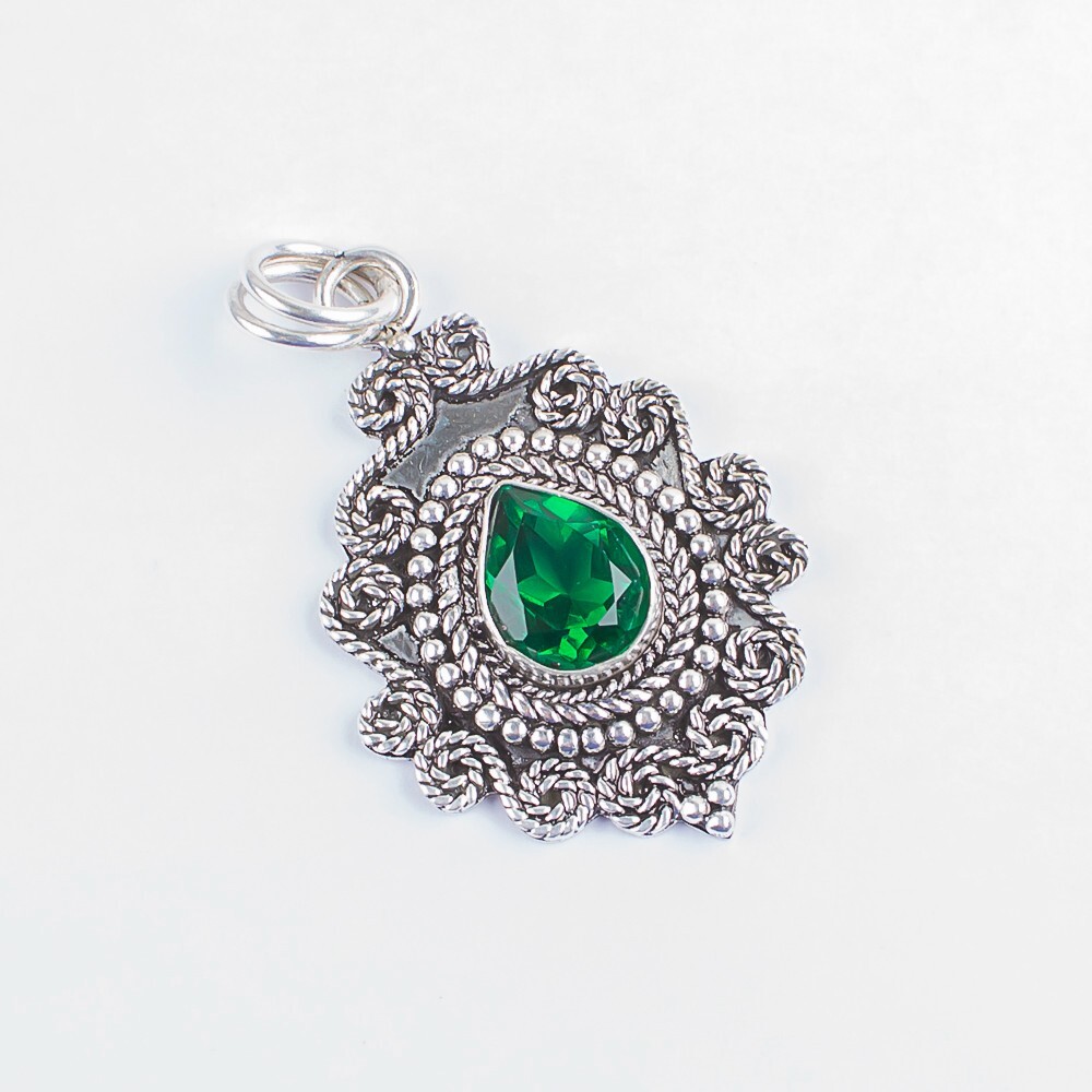 Anniversary Gift For Her Natural Green Emerald Pendant Vintage 925 Silver