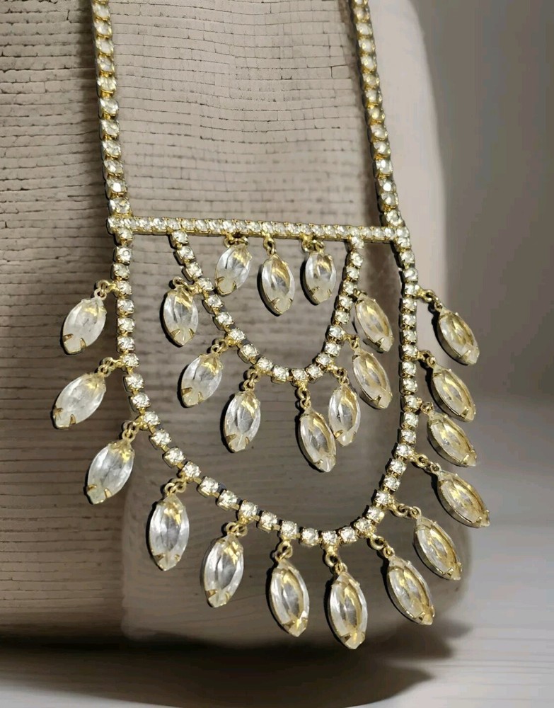 Faceted Glass Crystal Rhinestone Dangle Drop Necklace with Bezel Set Runway Clear Stones