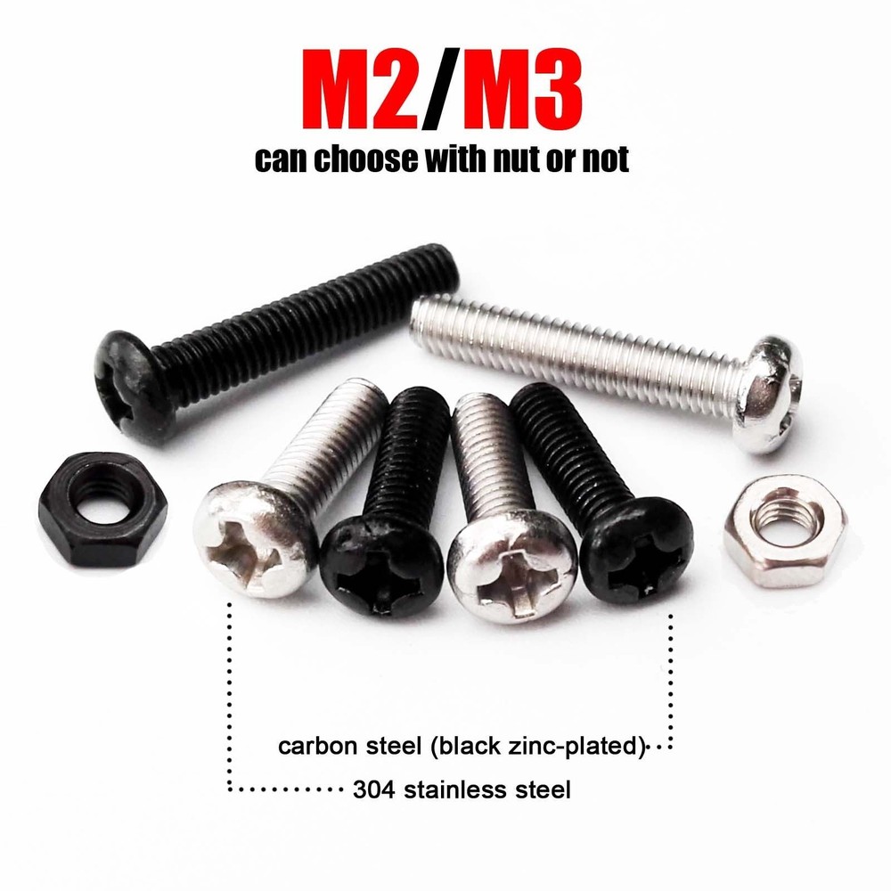 50pc Thread M2 M3 Phillips Pan Round Head Bolt Screw Nut black zinc plated