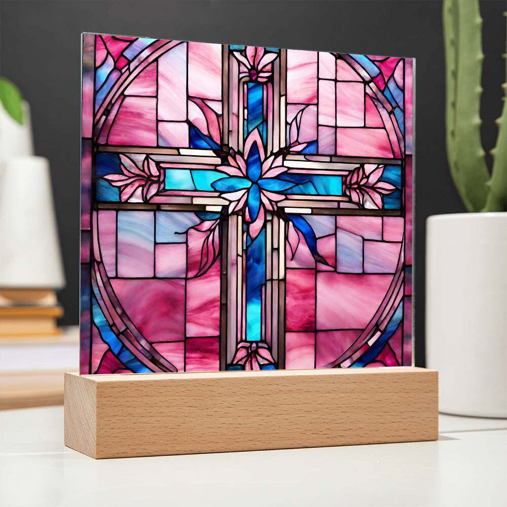 Pink and Blue Cross Stained Class Look Acrylic Plaque Bedside Lamp