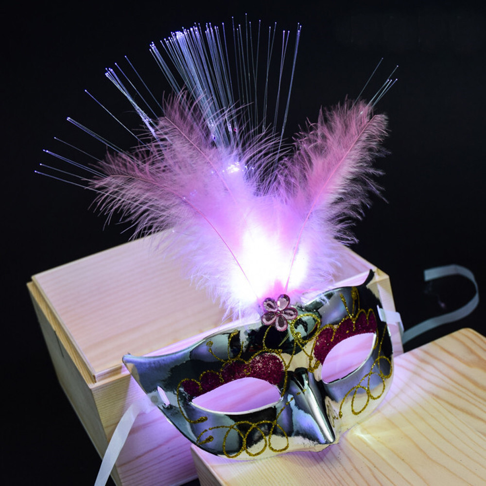 LED Lighted Feather Party Mardi Gras Mask Silver Mask Purple Flashing Feathers