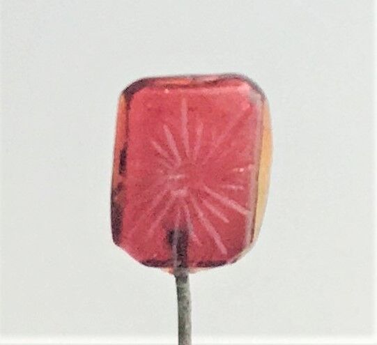 RARE AND UNUSUAL RED AND YELLOW GLASS HATPIN