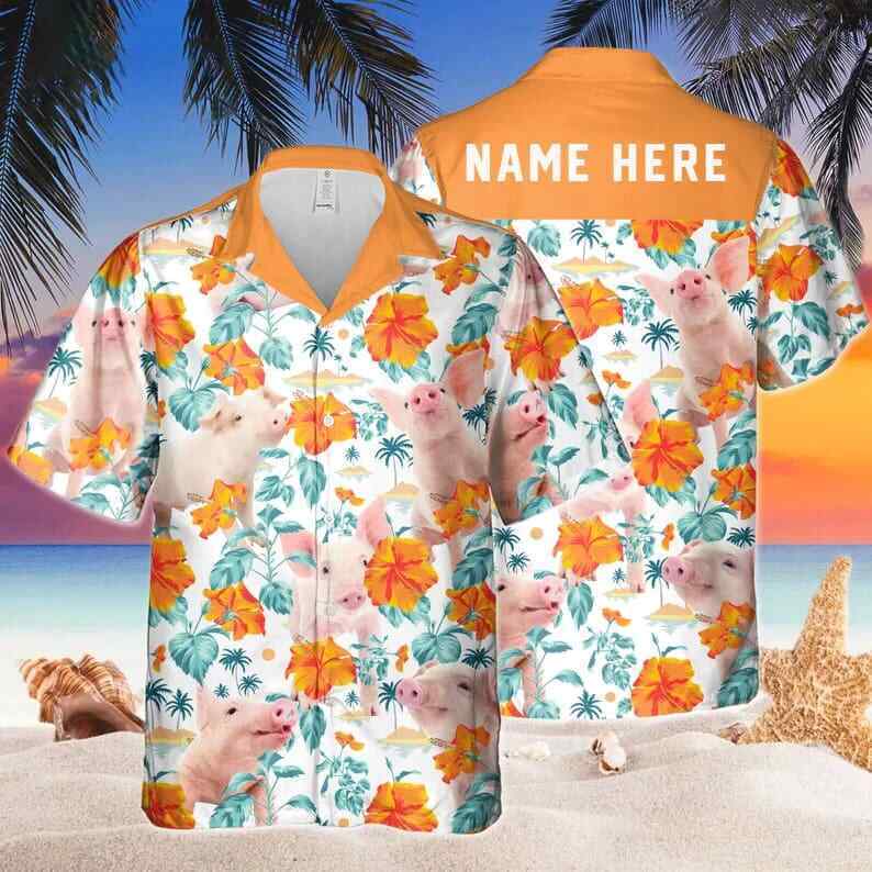 Custom Name Funny Pig Hibiscus Flowers All 3D Printed Trendy Hawaiian Shirt