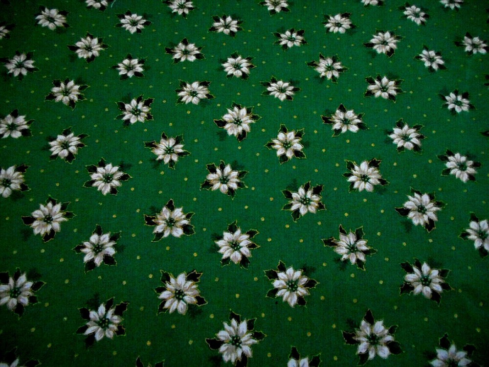 Christmas Fabric By Yard Sm White Poinsettias Met Gold on Green Cotton #93 Vtg C