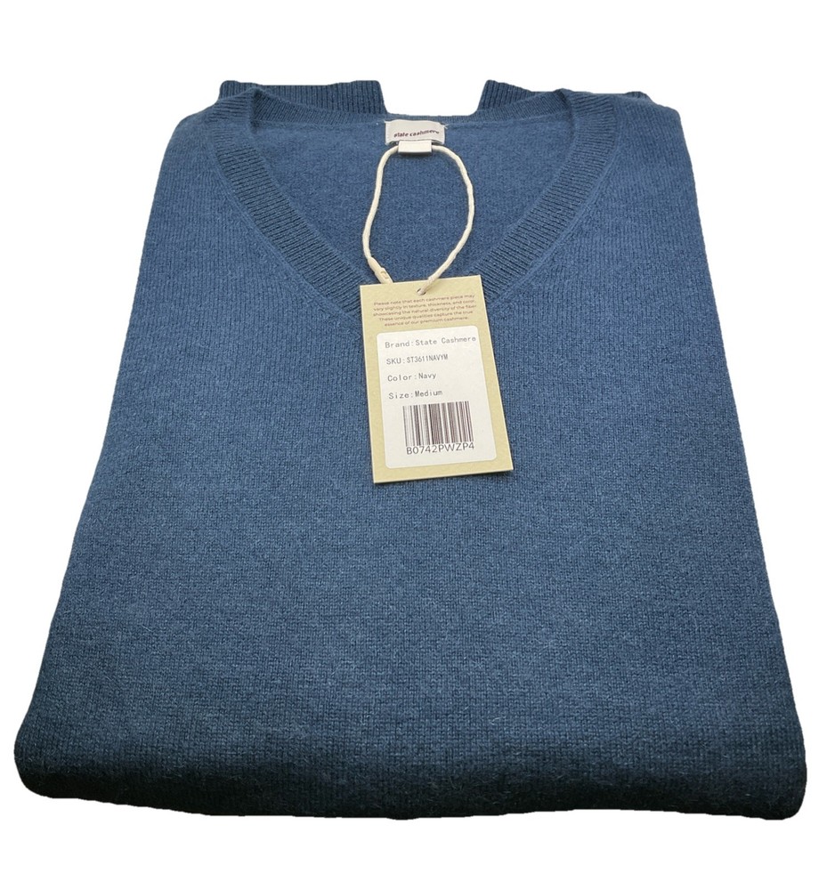 State Cashmere Men's Basic V-Neck Sweater NEW Blue Long Sleeve Size Medium